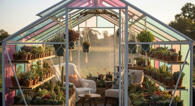 Int&eacute;rieur de serre avec plantes et si&egrave;ges pour la d&eacute;tente et le plaisir