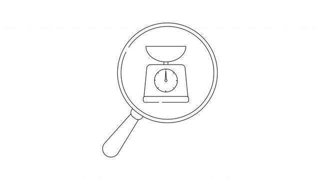 Magnifying glass over a scale icon representing weight measurement and analysis.