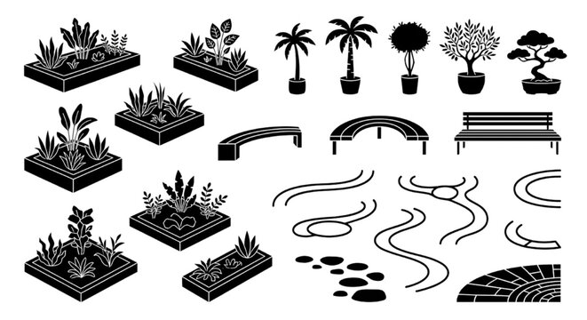 Isometric Garden Silhouette CAD Symbols Set &mdash; 3D Planting Beds, Potted Trees, Bonsai, Bridges, Benches & Organic Pathways