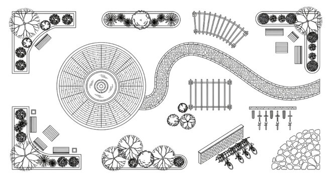 Formal Garden Landscape CAD Symbols Kit &mdash; Circular Parterre, Curved Pathways, Planting Beds, Pergola & Water Features Plan View