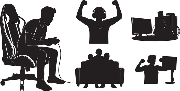 Esports gamer silhouette collection, professional video game player icons, gaming chair and computer setup vector set for streaming and tournaments