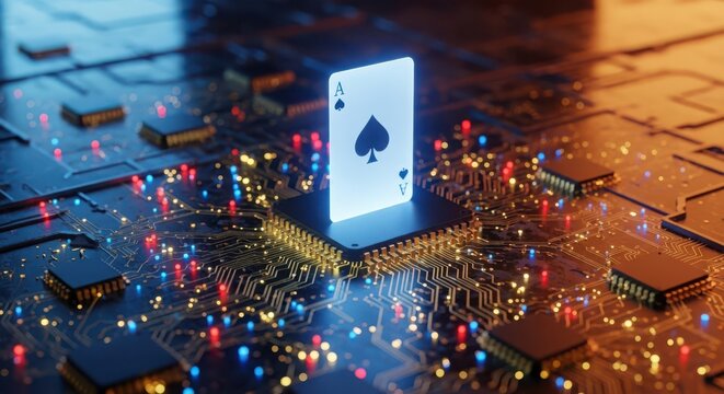 Ace of spades playing card standing on computer circuit board with digital bokeh lights