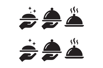 Fototapeta premium Serving tray icon set with hand and steam black silhouette