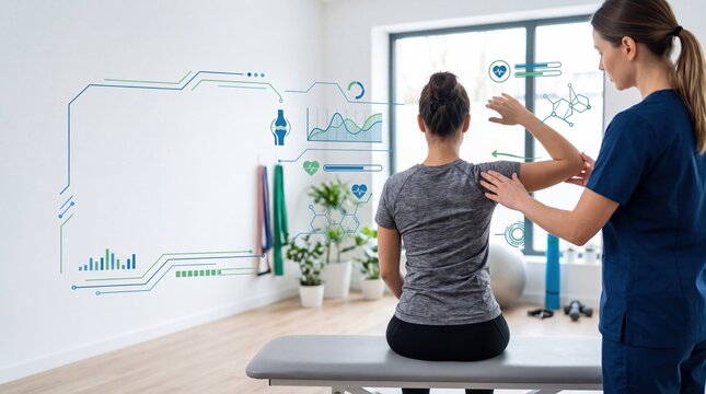 Female physiotherapist assessing patient shoulder range of motion in rehabilitation center digital health hologram interface displaying body scan data and bone structure analysis