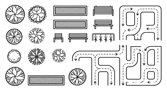 Outline Traffic & Landscape CAD Block Set &mdash; Plan View Canopy Trees, Park Benches, Annotated Road Network & Circulation Arrows
