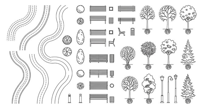 Comprehensive Linework Site Plan CAD Block Library &mdash; Curved Roads, Plan View Trees, Park Benches & Street Lamp Elements
