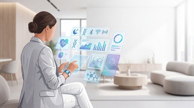 Businesswoman using futuristic tablet with holographic interface displaying smart home data digital health monitoring fitness tracking charts DNA science icons and technology