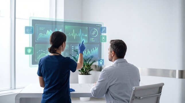 Future healthcare technology holographic medical interface smart diagnostics virtual reality screen futuristic medical device modern clinic interior interactive touch display