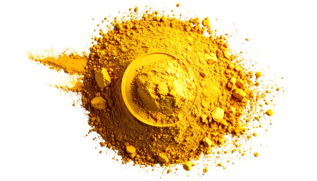 Turmeric powder mound with small bowl, illuminated on black background