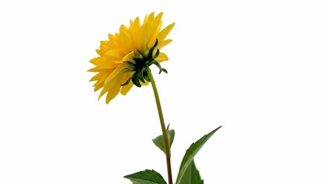 A vibrant yellow zinnia flower in full bloom against white