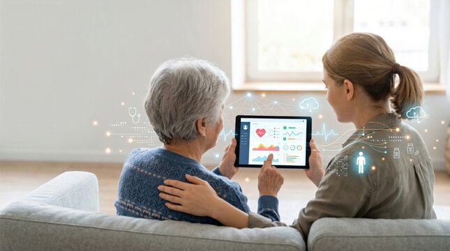 Elderly senior woman receiving home care and remote medical consultation checking health data on tablet device with family member telehealth digital health records elderly care at