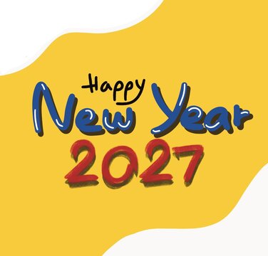 Colorful Happy New Year 2027 typography design on yellow background, festive illustration perfect for celebration cards and banners.