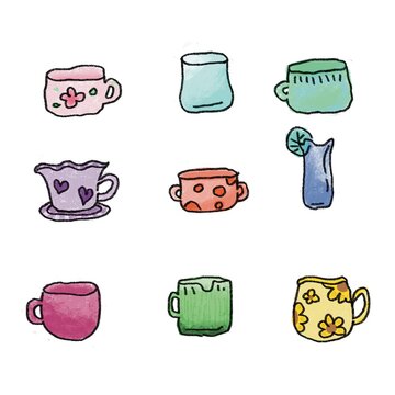 Cute hand-drawn cups and mugs collection in pastel colors, perfect for cafe themes, stickers, kitchen decor, and cozy illustrations.