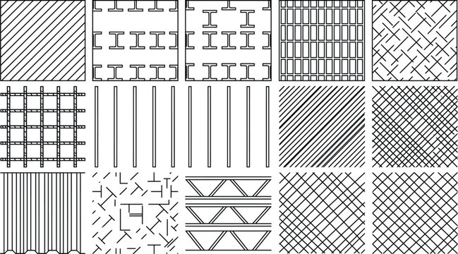 Architectural CAD hatch pattern vector set, construction material texture swatches with brick, wood, mesh, herringbone and stipple fills for blueprint drafting