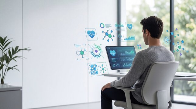 Businessman analyzing digital health dashboard data futuristic medical technology concept monitoring vital signs and heart rate telemedicine interface on screen AI healthcare