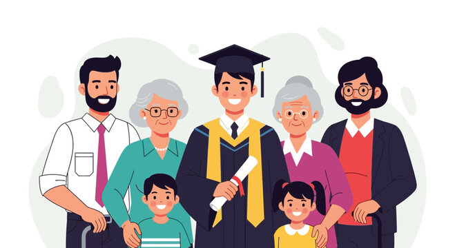 Graduation Celebration: Young Man with Family, Holding Diploma, Wearing Cap and Gown