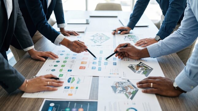 Business team meeting discussing blueprints and charts on table with pens planning project strategy diverse people working together in office corporate environment