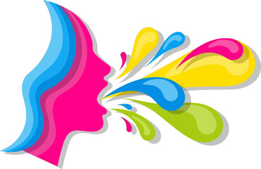 Obraz premium Abstract profile of woman speaking with colorful shapes from mouth vector can Editable