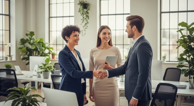 Business professionals shaking hands in modern office with large windows