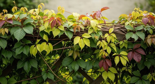Vibrant Green and Red Leaves of a Climbing Vine on a Wooden Trellis