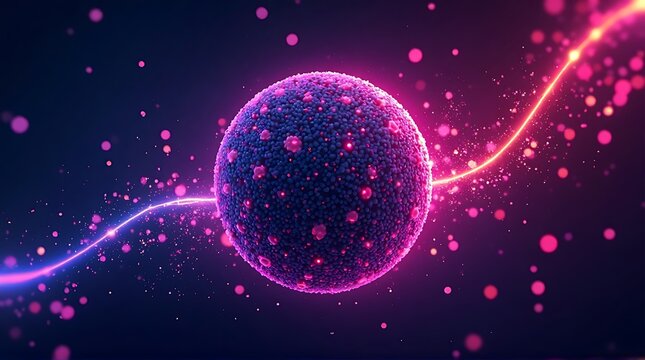 Vibrant Neon Spherical Particle in Dark Space with Glowing Trail