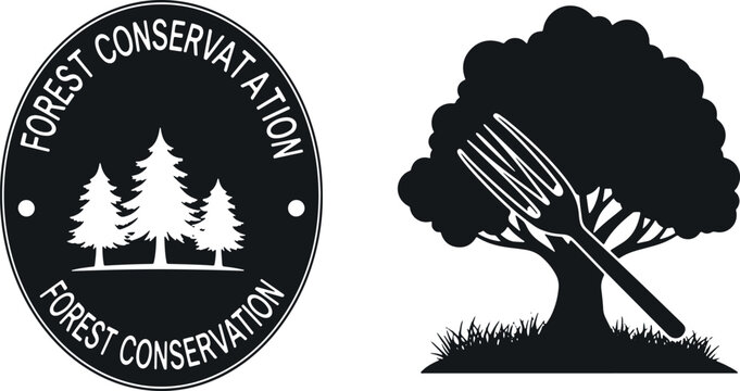 Forest conservation emblem with trees and nature elements plus tree silhouette with fork symbol.
