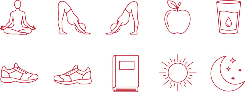 Healthy lifestyle and wellness red line art icons set yoga apple water shoes book sun moon.