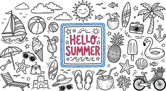 Hello summer doodle set with beach elements vacation icons and tropical symbols
