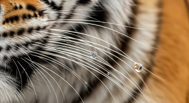 Extreme Close-up of Tiger Whiskers with Crystal Clear Water Droplets a