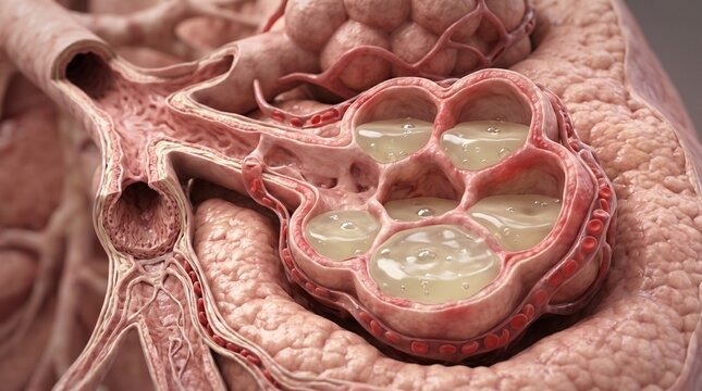 Detailed pulmonary alveolus incision with evidence of bacterial or viral infection and accumulation of purulent contents.