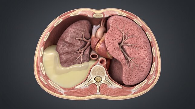 Cross-section of the human trunk with visualization of the heart and lungs affected by pleural effusion or edema.