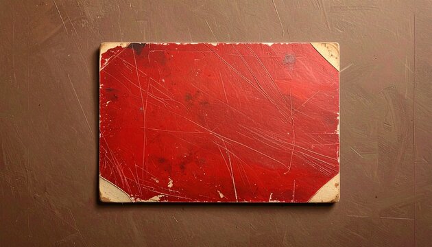 Red worn vintage card with scratches on brown background