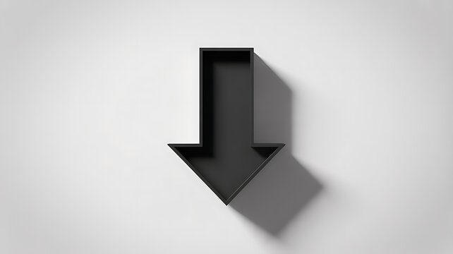Black arrow symbol pointing downwards casting shadow on white wall background, minimalist design and direction concept.