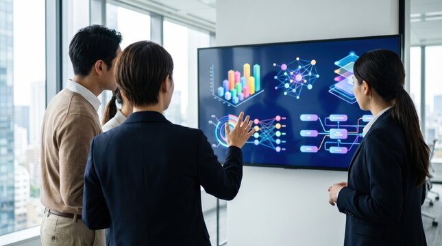 Business professionals analyzing digital data artificial intelligence neural networks financial charts cloud computing stack workflow diagrams on large screen in modern office