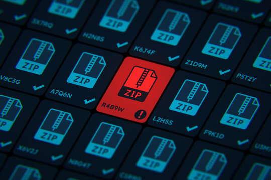 Cyber security scan interface showing a red infected ZIP file detected as a threat among safe verified blue files. Concept of malware and antivirus protection.