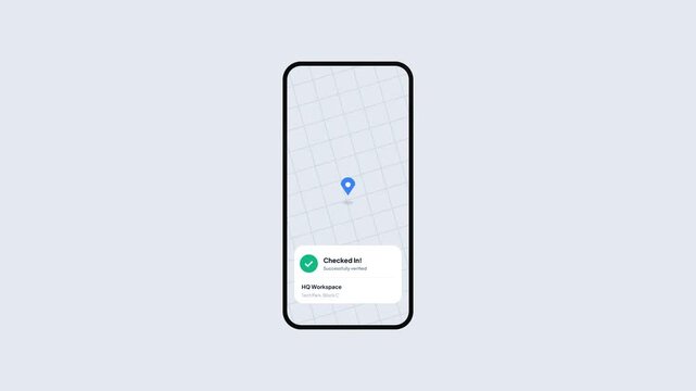 Workplace Management App UI Showing Successful Office Check-In with Map Pin Animation
