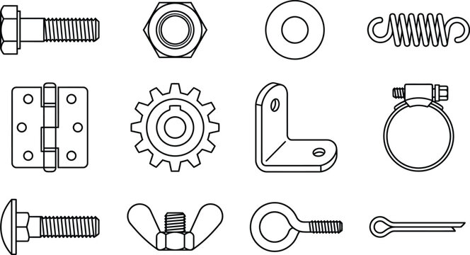 Mechanical hardware vector icon set, industrial fasteners line art collection with bolts, screws, nuts, washers, gears, brackets, hinges and tools for engineering, manufacturing and technical