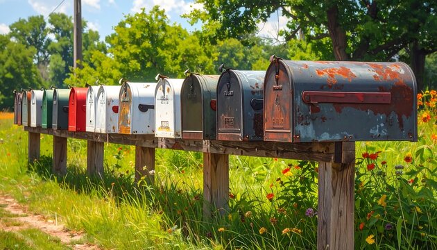 A row of weathered metal mailboxes, each different in color and condition, lines a grassy verge against a sunny backdrop
