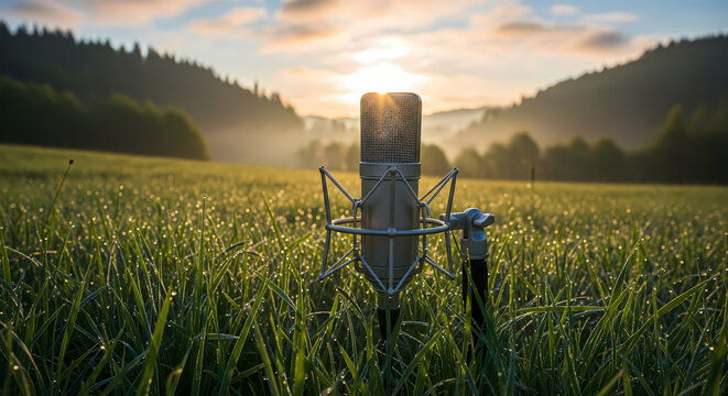 A condenser microphone stands poised in a dew-kissed field, ready to capture the serene soundscape of nature at a breathtaking sunrise amidst rolling green hills and a gentle golden glow
