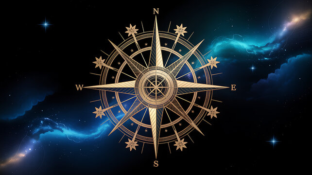 Elegant golden compass rose with cardinal directions marking north south east and west set against dark celestial background with nebulae and bright shining stars atmosphere.