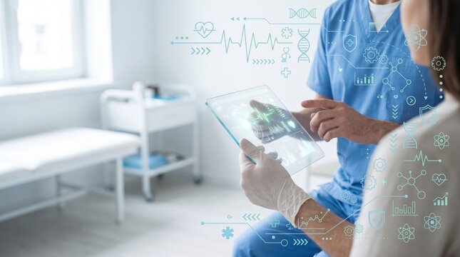 Future healthcare technology doctor analyzing medical data on digital tablet in hospital room holographic health icons