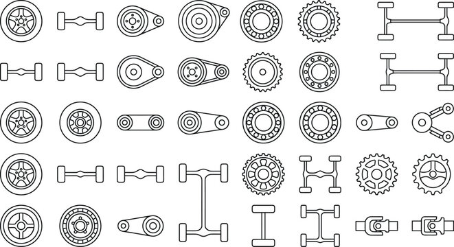 Mechanical automotive parts vector icon set, technical line art collection of wheels, gears, bearings, pulleys, shafts, couplings and industrial components for engineering, manufacturing and repair