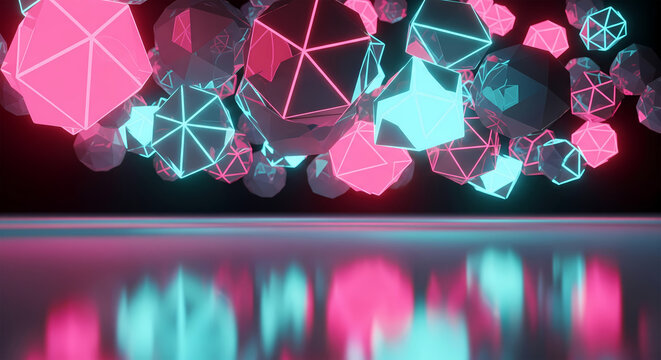 Futuristic abstract composition with luminous geometric polyhedrons in captivating neon pink and blue, reflecting on a dark obsidian plane, portraying a vibrant digital art landscape