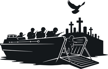 Naklejka premium Silhouette of soldiers landing from boat in military operation near graves with dove flying above.