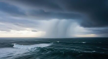 Naklejka premium Dramatic Storm Clouds and Heavy Rain Shaft over Choppy Ocean Waves at