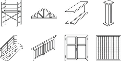 Naklejka premium Isometric architectural CAD vector set, construction structure elements line art including scaffolding, beams, trusses, stairs, columns, railings and frames for engineering blueprint and technicals