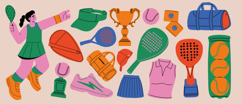 Colorful retro flat illustration set of padel and tennis sports equipment with female player character. design for fitness, recreation, tournament, and active lifestyle themes.