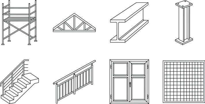 Isometric architectural CAD vector set, construction structure elements line art including scaffolding, beams, trusses, stairs, columns, railings and frames for engineering blueprint and technicals