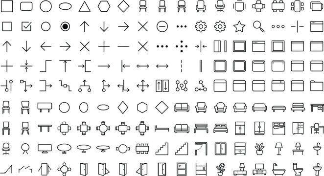 CAD drafting symbol vector set, architectural outline icons with geometry shapes, dimension marks, arrows, grid scale tools and plan view interior symbols for technical blueprint annotation design