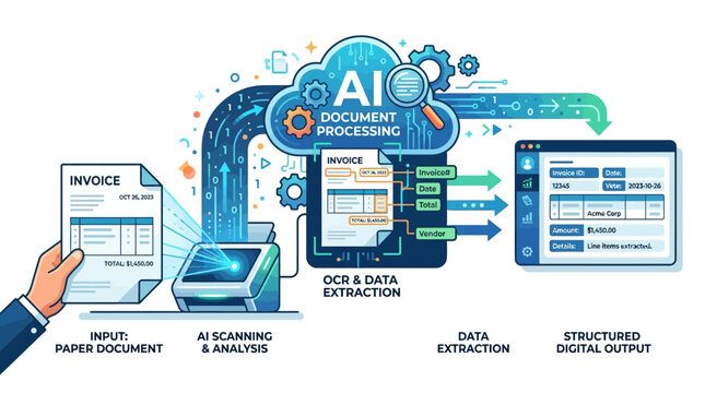 A futuristic illustration shows a hand interacting with a paper document being scanned and analyzed by AI processing technology to produce structured digital output on a computer screen.